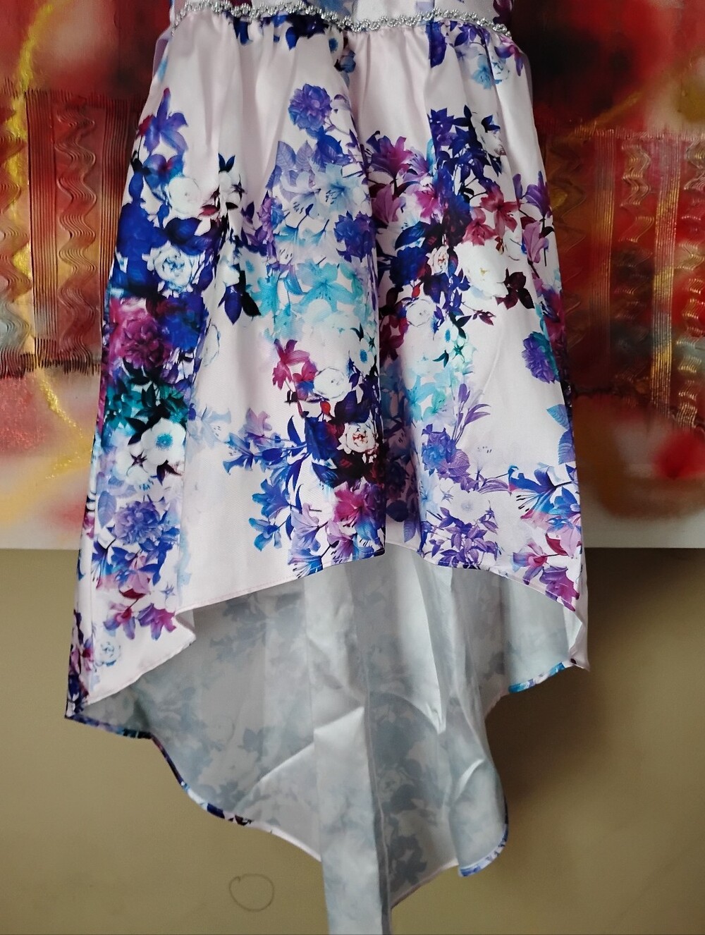 Emily Rose White Floral High-Low Dress with Purple and Blue Blooms - Picture 7 of 10